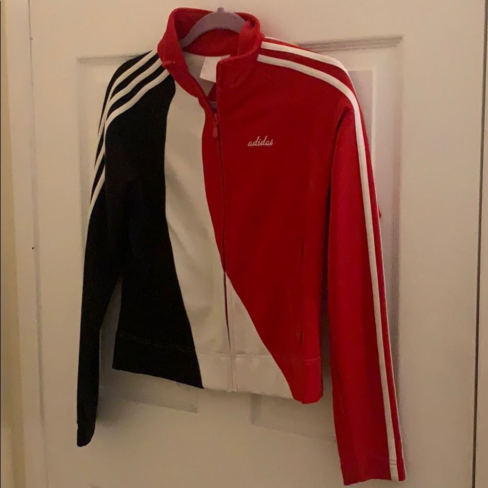 Adidas red, white, and black track jacket